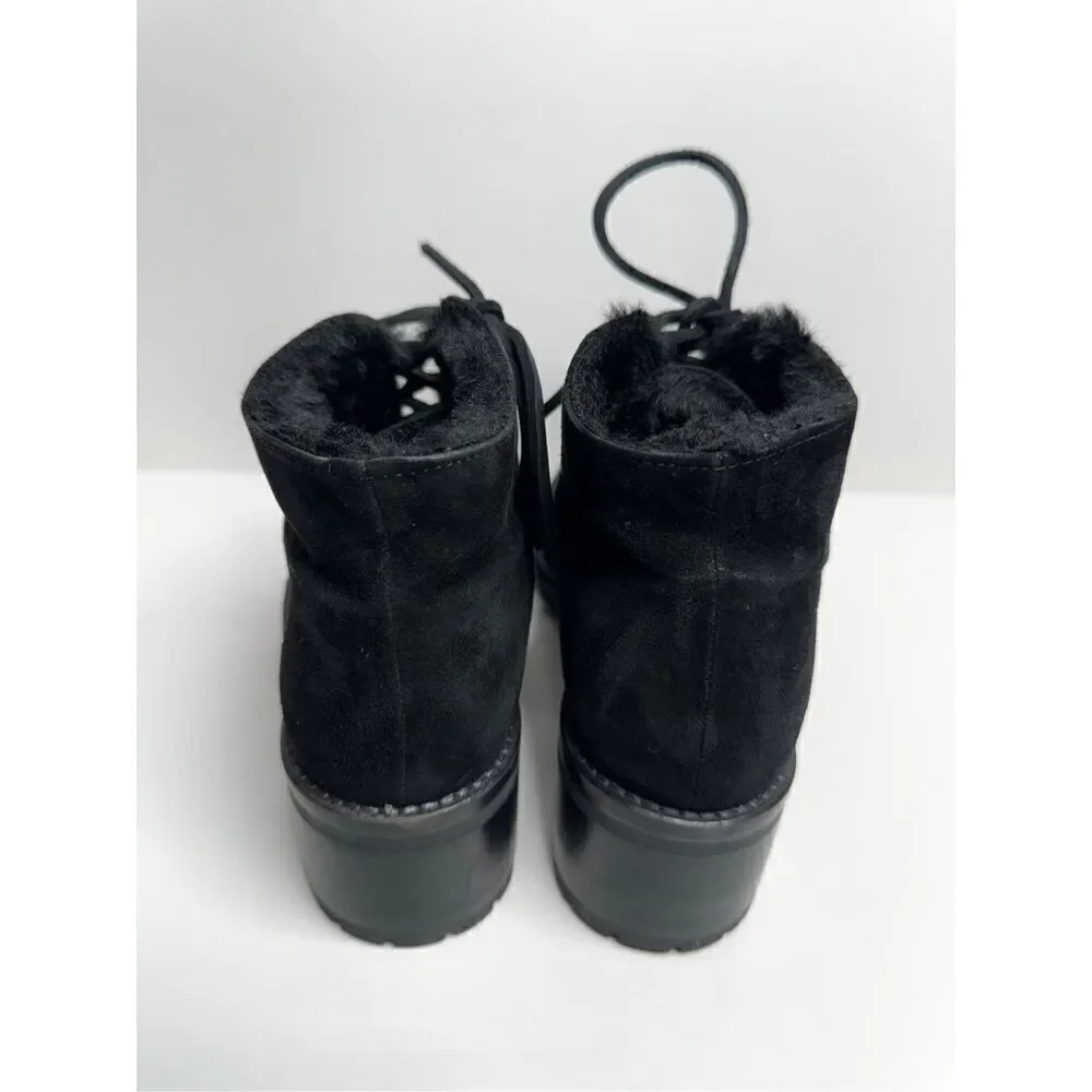 Lavorazione Ankle Booties Womens US 7 Black Leather Shearling Lace Up Block Heel